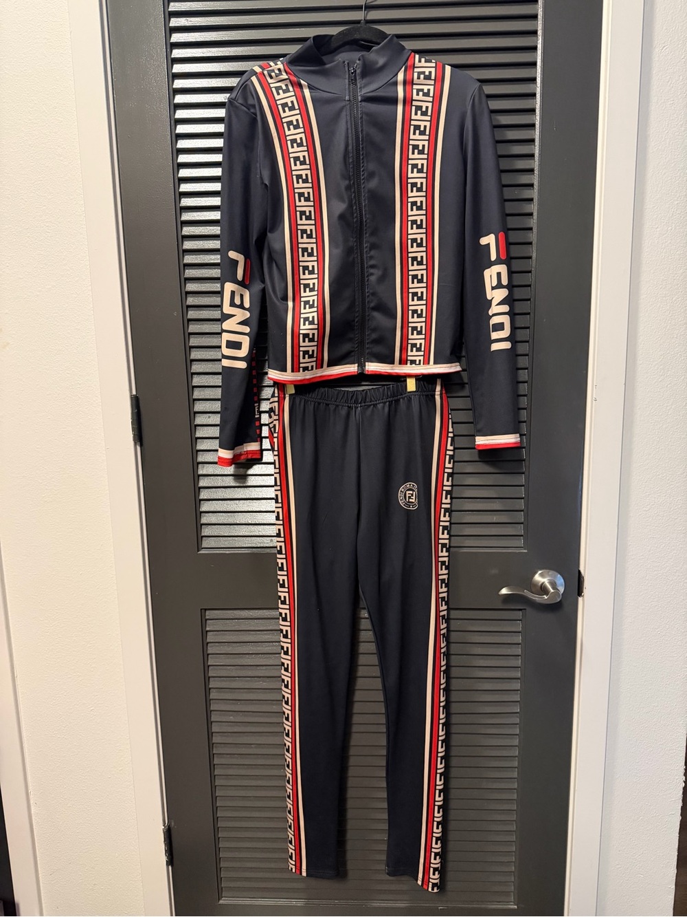 Fendi Black Track Jacket & Joggers with Red and Cream Stripe Detail